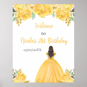 Póster Bienvenidos a cumpleaños con flores de oro de la p