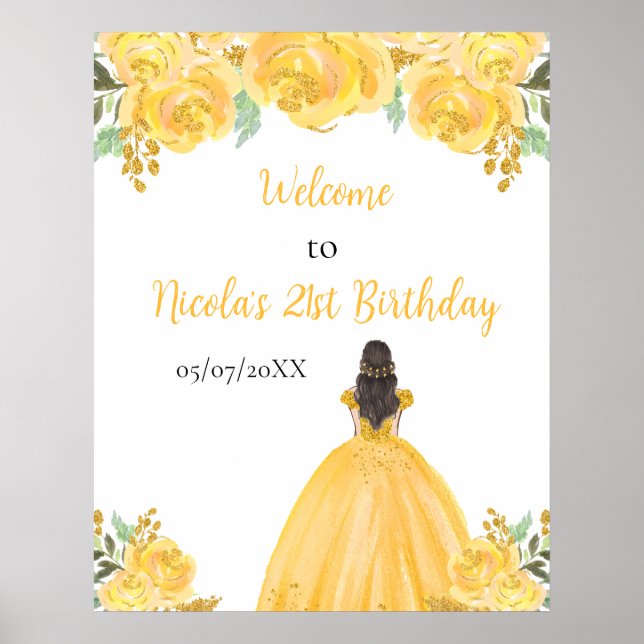 Póster Bienvenidos a cumpleaños con flores de oro de la p (Frente)