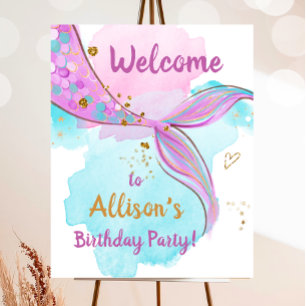 Póster Bienvenidos a cumpleaños de Mermaid Watercolor col