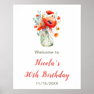 Póster Bienvenidos a cumpleaños de Red Poppies Mason Jar