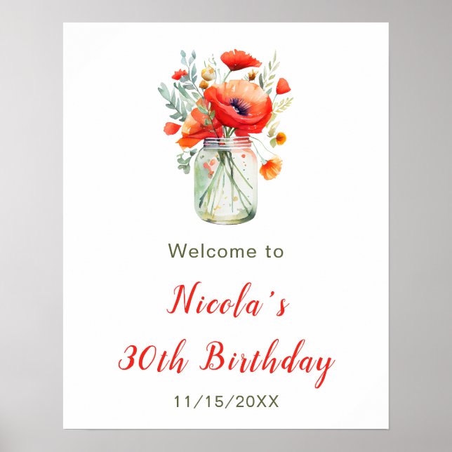 Póster Bienvenidos a cumpleaños de Red Poppies Mason Jar (Frente)