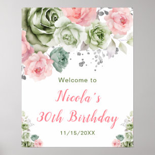 Póster Bienvenidos a cumpleaños floral verde y rosa sabio