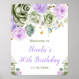 Póster Bienvenidos a cumpleaños Sage Green y Purple Flora