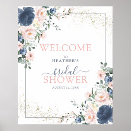 Póster Bienvenidos a Dusty Blue Rubor Pink Floral Shower