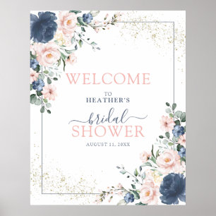 Póster Bienvenidos a Dusty Blue Rubor Pink Floral Shower