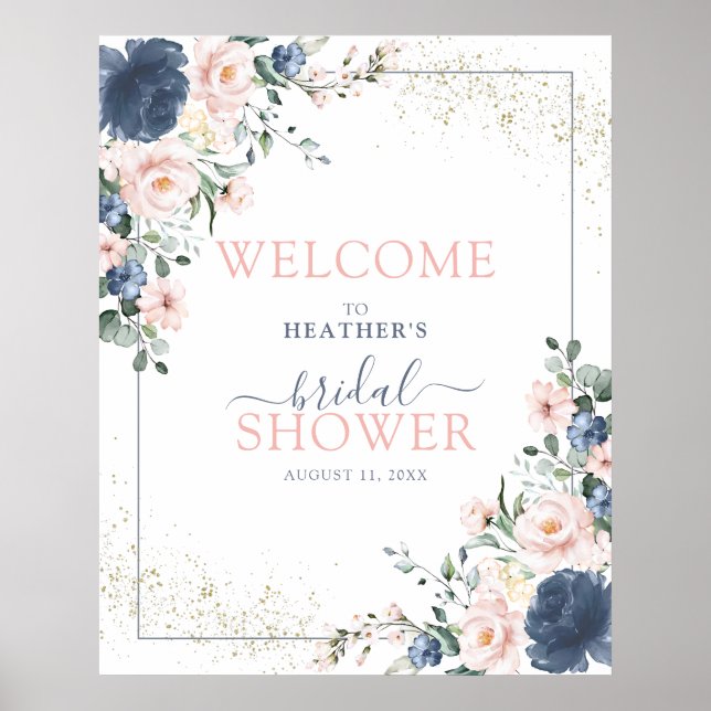 Póster Bienvenidos a Dusty Blue Rubor Pink Floral Shower (Frente)