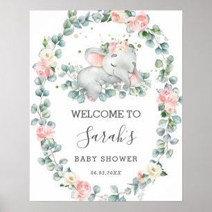 Póster Bienvenidos a Elephant Baby Shower Floral Greenera