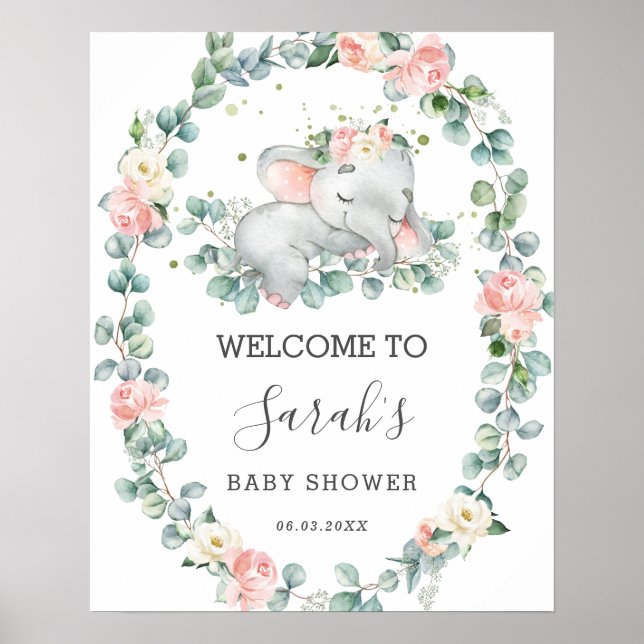 Póster Bienvenidos a Elephant Baby Shower Floral Greenera (Frente)