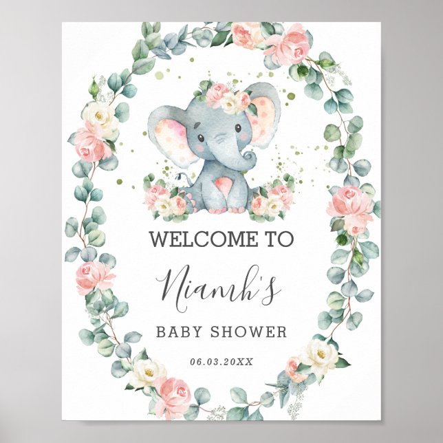 Póster Bienvenidos a Elephant Baby Shower Floral Greenera (Frente)