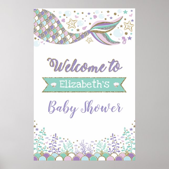 Póster Bienvenidos a Girly Mermaid Baby Shower Beach Sea (Frente)