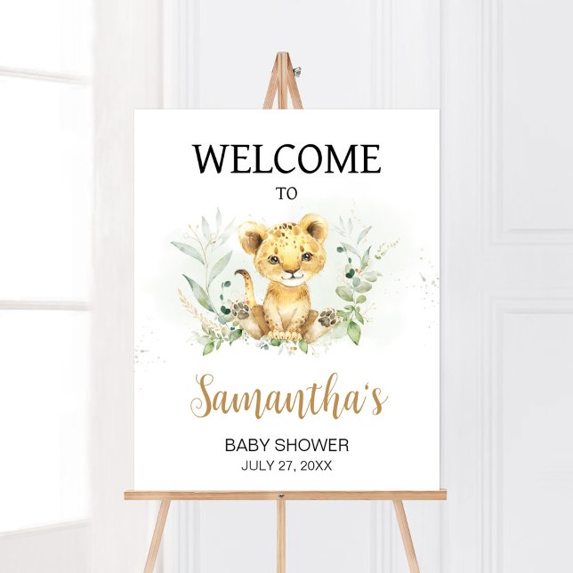 Póster Bienvenidos a Greenery Lion Baby Shower (Gender Neutral Lion Jungle Baby Shower Welcome Sign)
