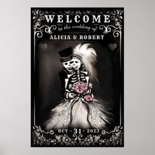 Póster Bienvenidos a Halloween Skeletons Boda Floral Rosa