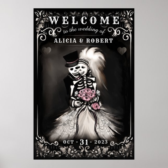 Póster Bienvenidos a Halloween Skeletons Boda Floral Rosa (Frente)