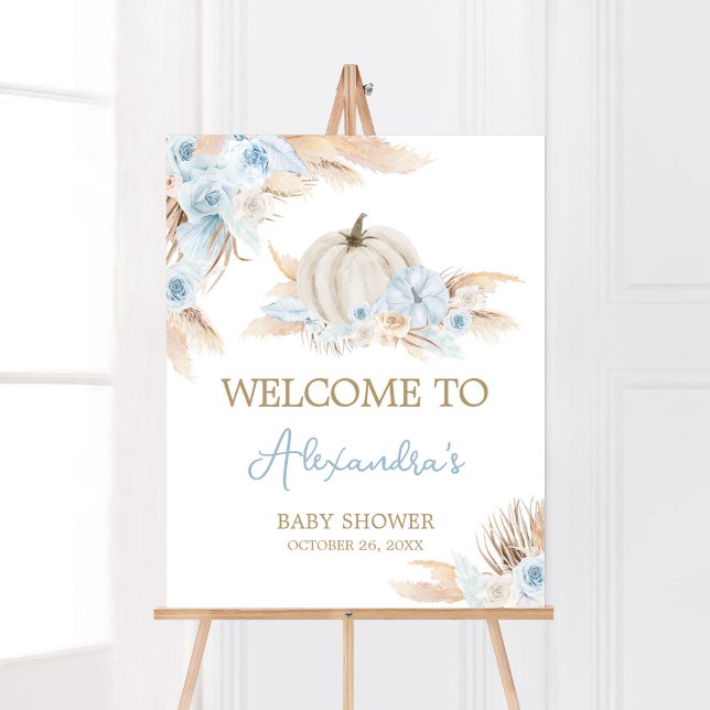 Póster Bienvenidos a la Baby Shower Boho Dusty Blue Pumpk (Boy Little Pumpkin Baby Shower Welcome Sign )