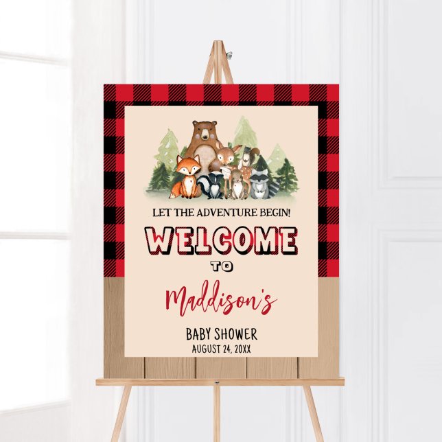 Póster Bienvenidos a la Baby Shower de Woodland Lumberjac (Plaid Lumberjack Baby Shower Welcome Sign)
