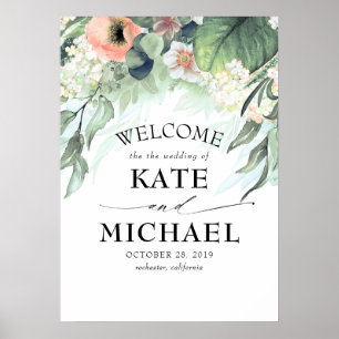 Póster Bienvenidos a la Boda de Jardín Floral Rosa y Rosa