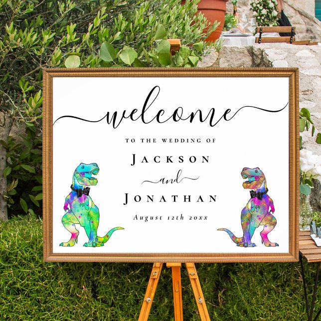 Póster Bienvenidos a la boda gay temática de dinosaurios (Dinosaur gay wedding welcome poster elegant script colorful T-Rex dino grooms vibrant rainbow colors)