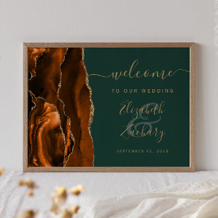 Póster Bienvenidos a la boda Rust Gold Agate Hunter Green