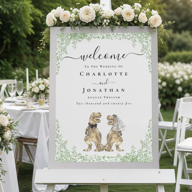 Póster Bienvenidos a la Boda Temática de Dinosaurios (Elegant dinosaur bride and groom watercolor foliage wedding welcome sign poster)