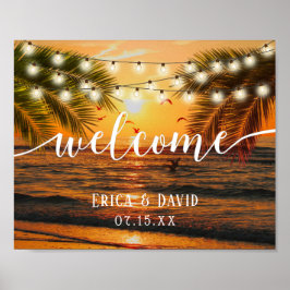 Póster Bienvenidos a la Boda Tropical Summer Sunset Palm