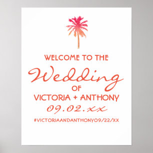 Póster Bienvenidos a la Boda Tropical Sunset Palm Tree Be