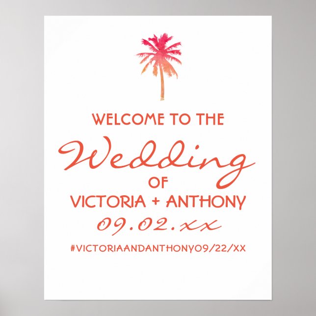 Póster Bienvenidos a la Boda Tropical Sunset Palm Tree Be (Frente)