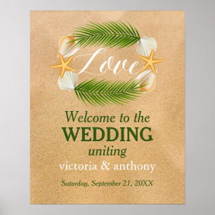 Póster Bienvenidos a la Boda Tropical Wreath Sandy Beach