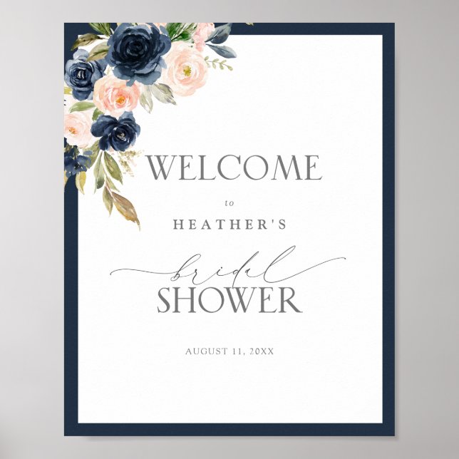 Póster Bienvenidos a la ducha acuarela floral Navy Blue & (Frente)