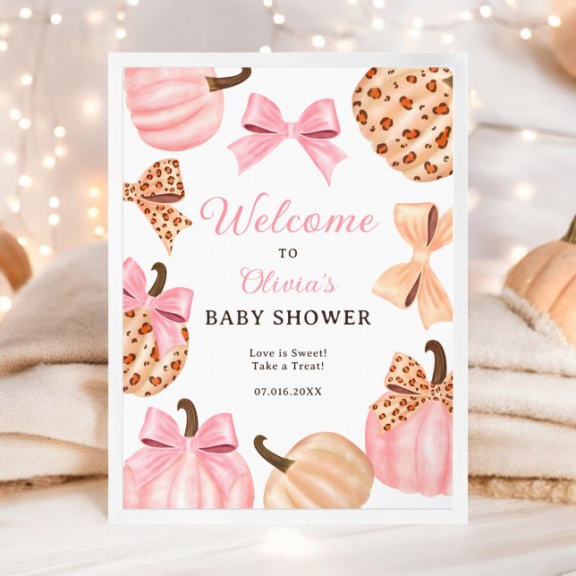 Póster Bienvenidos a la ducha de bebé Coquette Pink Bow (Coquette Pink Bow Pumpkin baby shower welcome Poster)