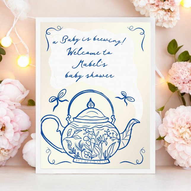 Póster Bienvenidos a la ducha de bebé de tetera con arco  (Retro blue bows teapot baby shower welcome poster)