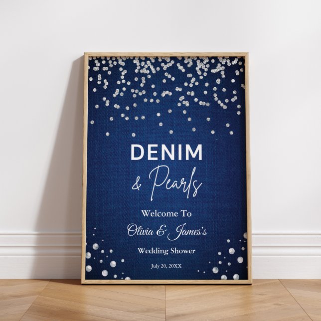 Póster Bienvenidos a la ducha de la pareja de perlas de D (Blue Denim Diamonds Pearls Couple's Shower Welcome Sign )