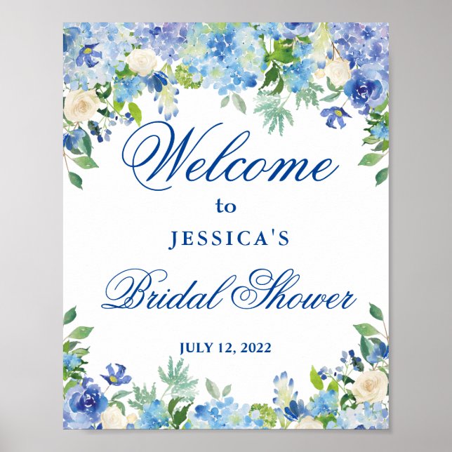 Póster Bienvenidos a la ducha de novia Blue Hydrangea Gre (Frente)