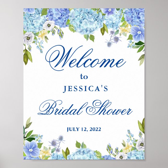 Póster Bienvenidos a la ducha de novia Blue Hydrangea Gre (Frente)