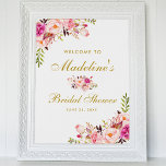 Póster Bienvenidos a la ducha de novia con flores de oro<br><div class="desc">Poster de bienvenida con ducha de novia floral acuática rosa Rubor Gold</div>