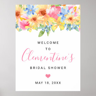 Póster Bienvenidos a la ducha de novia floral rosa y amar