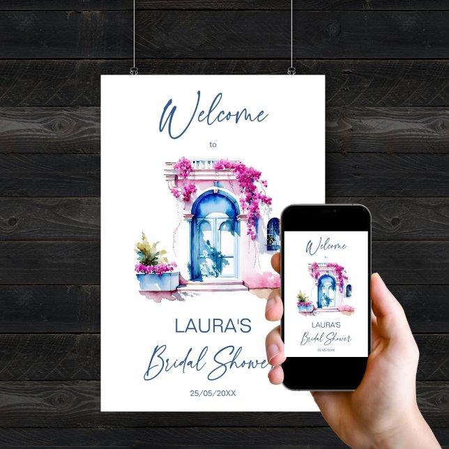 Póster Bienvenidos a la ducha de novia mediterránea en Bo (Bougainvillea Mediterranean themed bridal shower template welcome sign Poster digital download)