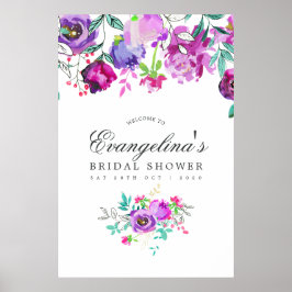 Póster Bienvenidos a la ducha de novias con flores morada