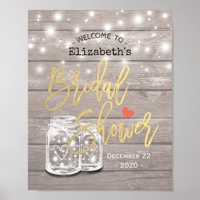 Póster Bienvenidos a la ducha de novias Rustic Wood Mason (Frente)
