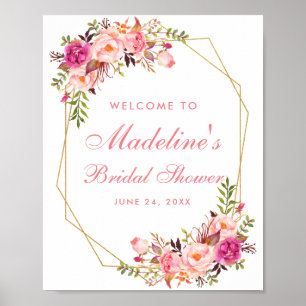 Póster Bienvenidos a la ducha de oro rosa floral Rubor Br