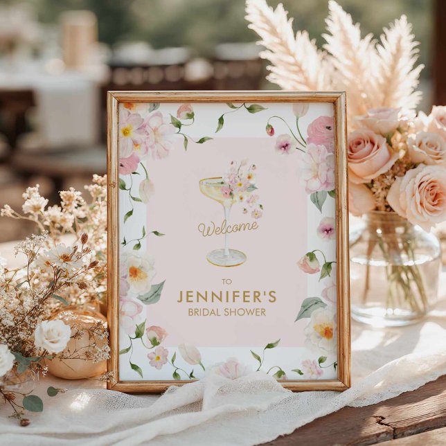 Póster Bienvenidos a la ducha de putas de Petri y Prosecc (Pink Petals and Prosecco Welcome Poster)