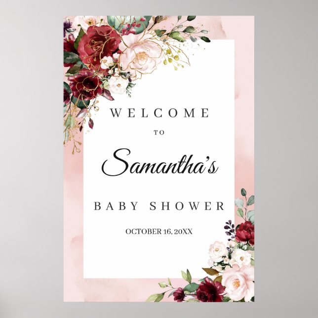 Póster Bienvenidos a la ducha floral con flores de borgoñ (Frente)