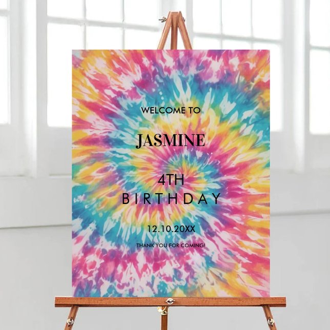 Póster Bienvenidos a la fiesta de cumpleaños de Rainbow T (Rainbow Tie Dye whimsical Birthday Party Welcome Poster)