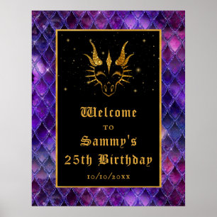Póster Bienvenidos a la fiesta de cumpleaños Purple Drago