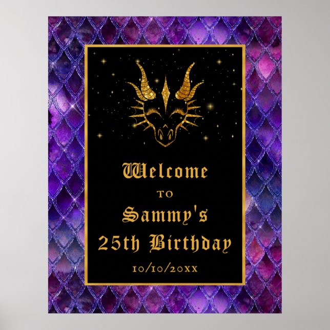 Póster Bienvenidos a la fiesta de cumpleaños Purple Drago (Frente)