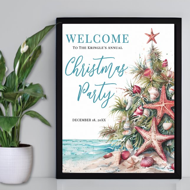 Póster Bienvenidos a la Fiesta de Navidad en la Playa Tro (Tropical Beach Christmas Party Welcome Poster)