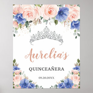 Póster Bienvenidos a la floral azul real Rubor Quinceañer