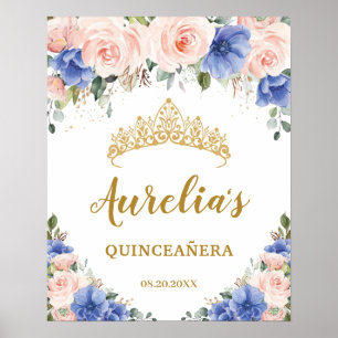 Póster Bienvenidos a la floral azul real Rubor Quinceañer