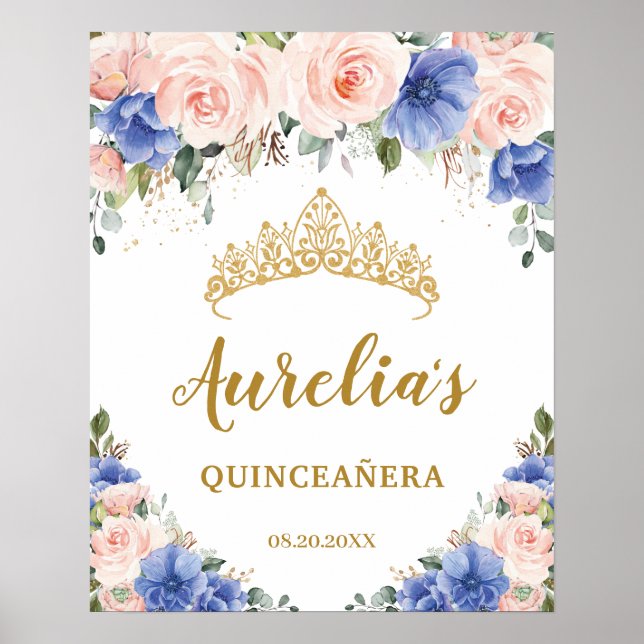 Póster Bienvenidos a la floral azul real Rubor Quinceañer (Frente)