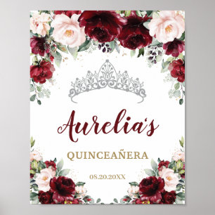 Póster Bienvenidos a la floral borgoña de Rubor Quinceañe