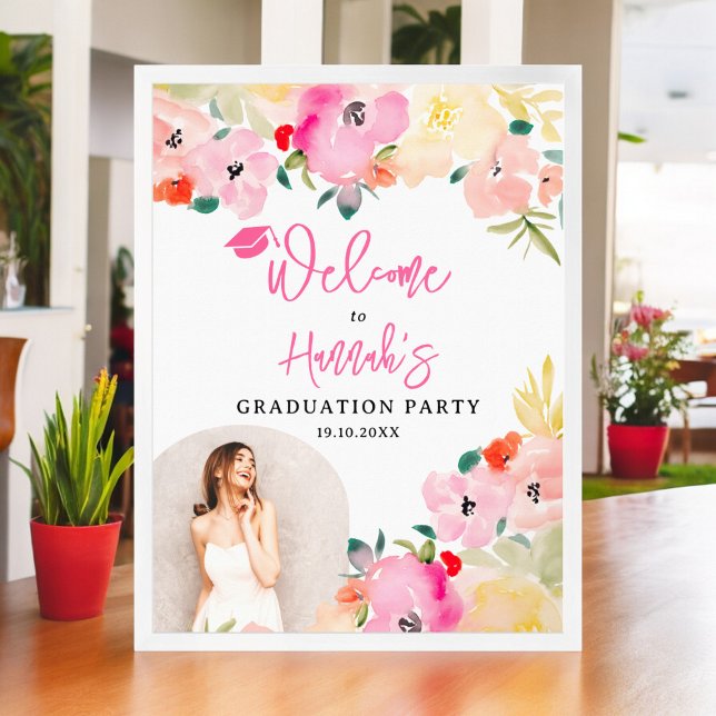 Póster Bienvenidos a la graduación floral del jardín boho (Spring pink boho garden floral graduation welcome poster)